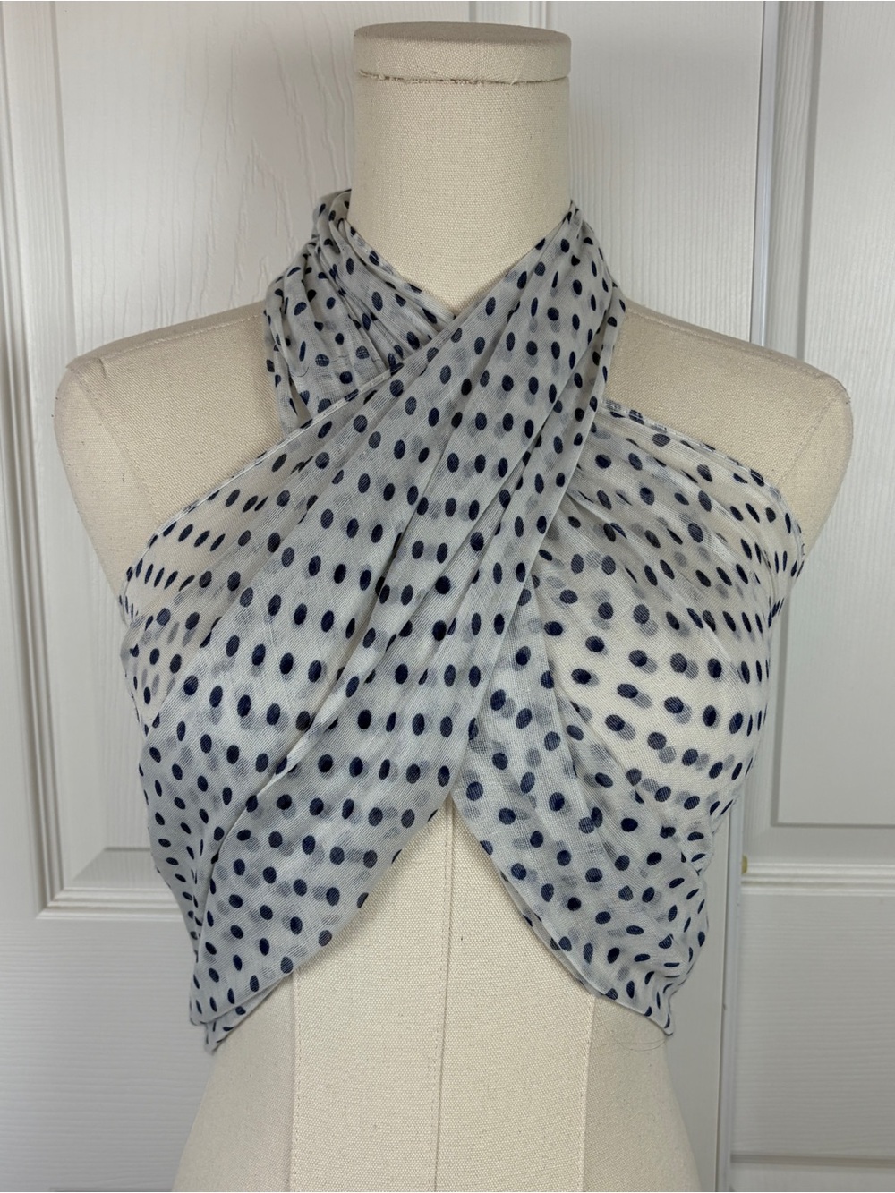 Lightweight light blue and navy Polka Dot Scarf - Navy Dots